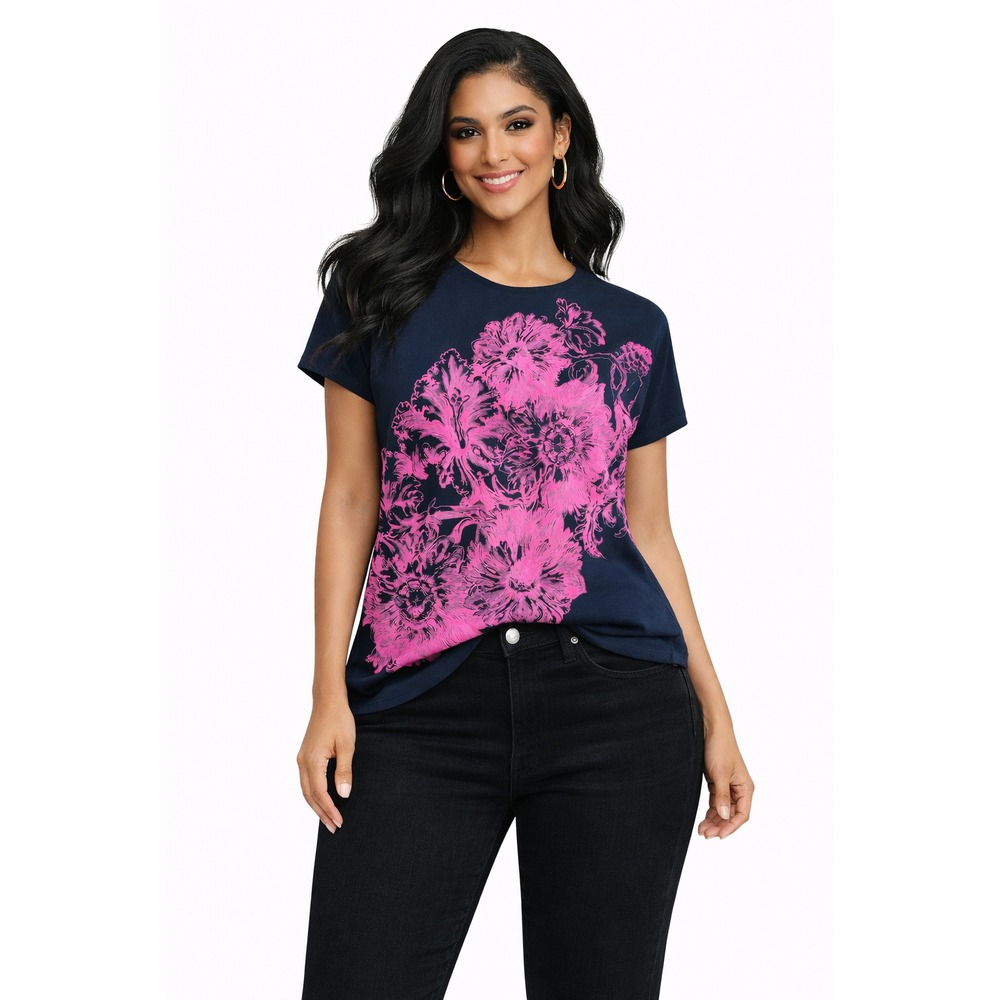 Black Pink Floral Graphic Print Short Sleeve Crew Neck Top Women Small